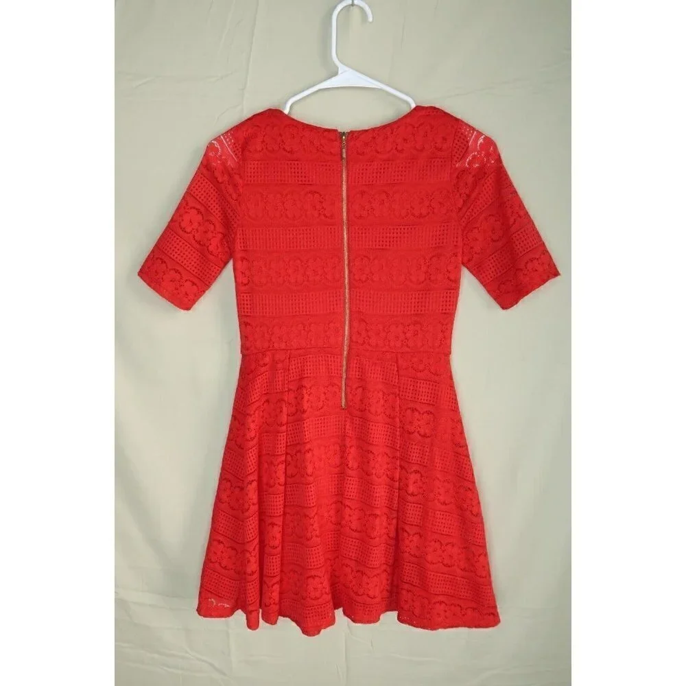 Copper Key Girls Dress Pleated Red Crocheted Short Sleeve Nylon Large